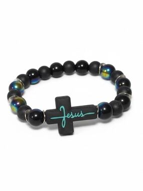 Unisex Jesus Cross Stretch Bracelet Matte Black Beads with Teal Detail